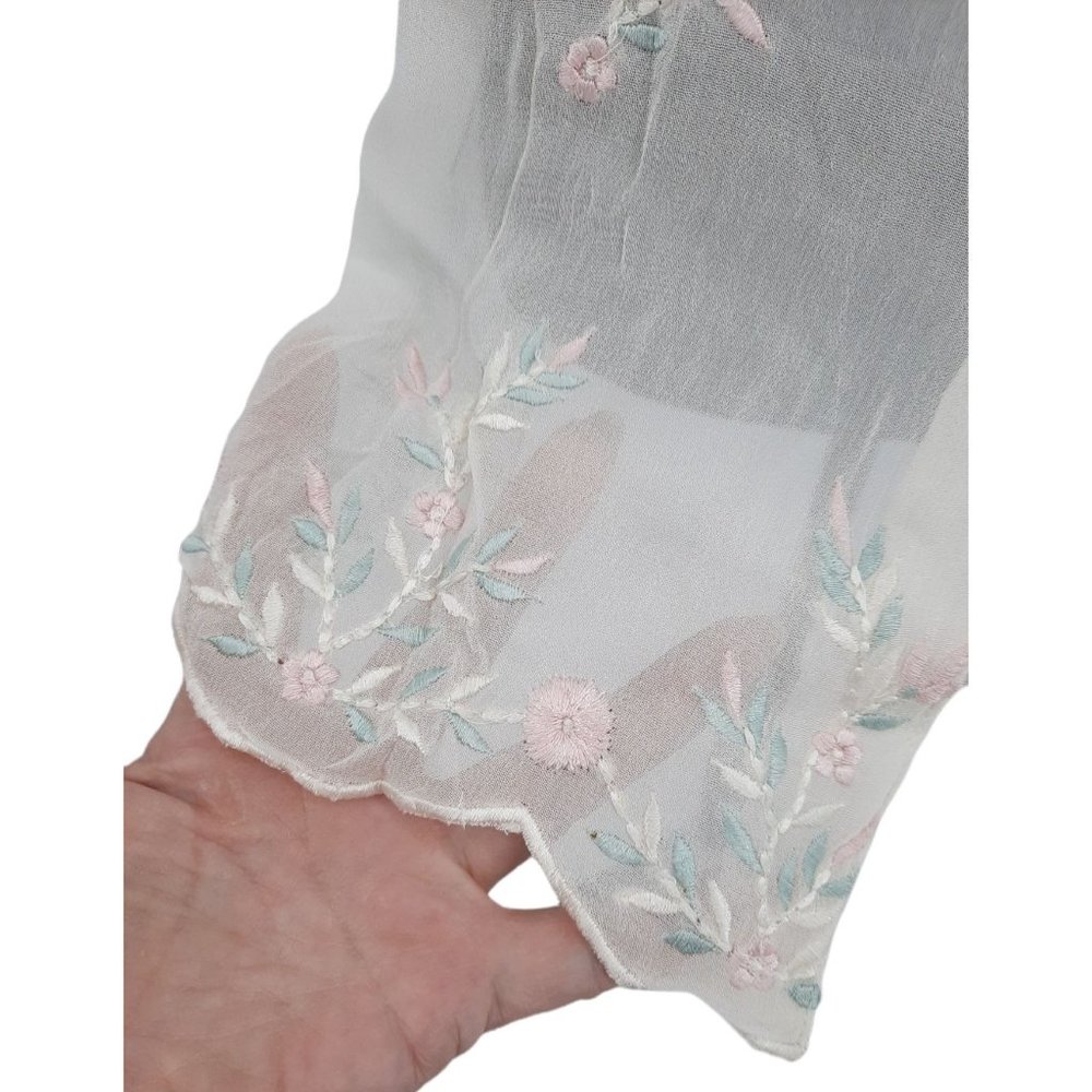 VTG 80s Smithsonian Institution Sheer Chiffon Embroidered Scalloped Hem Blouse M - Picture 5 of 11